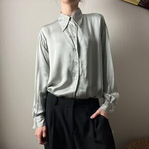 90s vintage silver gray silk minimalist oversized button shirt blouse top